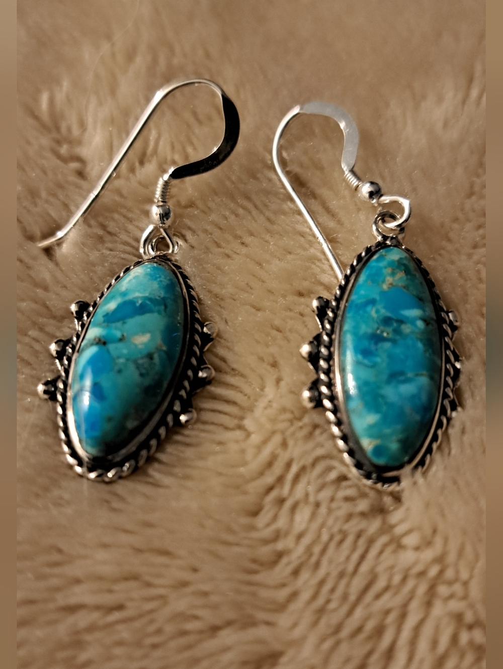 Geniune Turquoise Oval Earrings,Sterling Silver